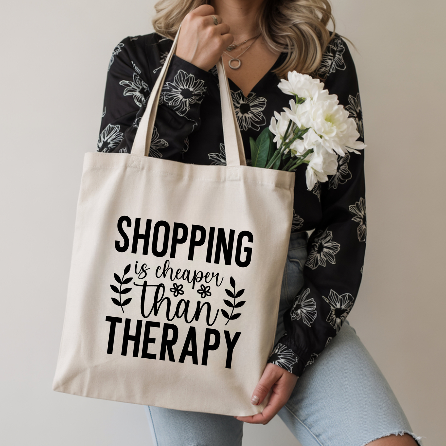 Shopping Is Cheaper Than Therapy Tote | Funny Cotton Canvas Bag | Trendy Tote for Women