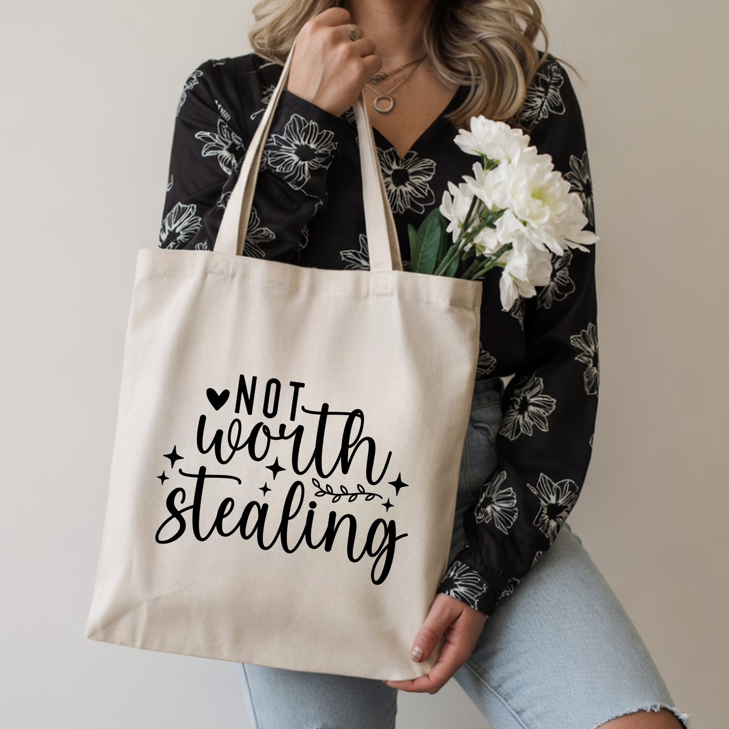 Not Worth Stealing Tote Bag | Trendy Cotton Canvas Tote | Minimal Sassy Everyday Bag for Women