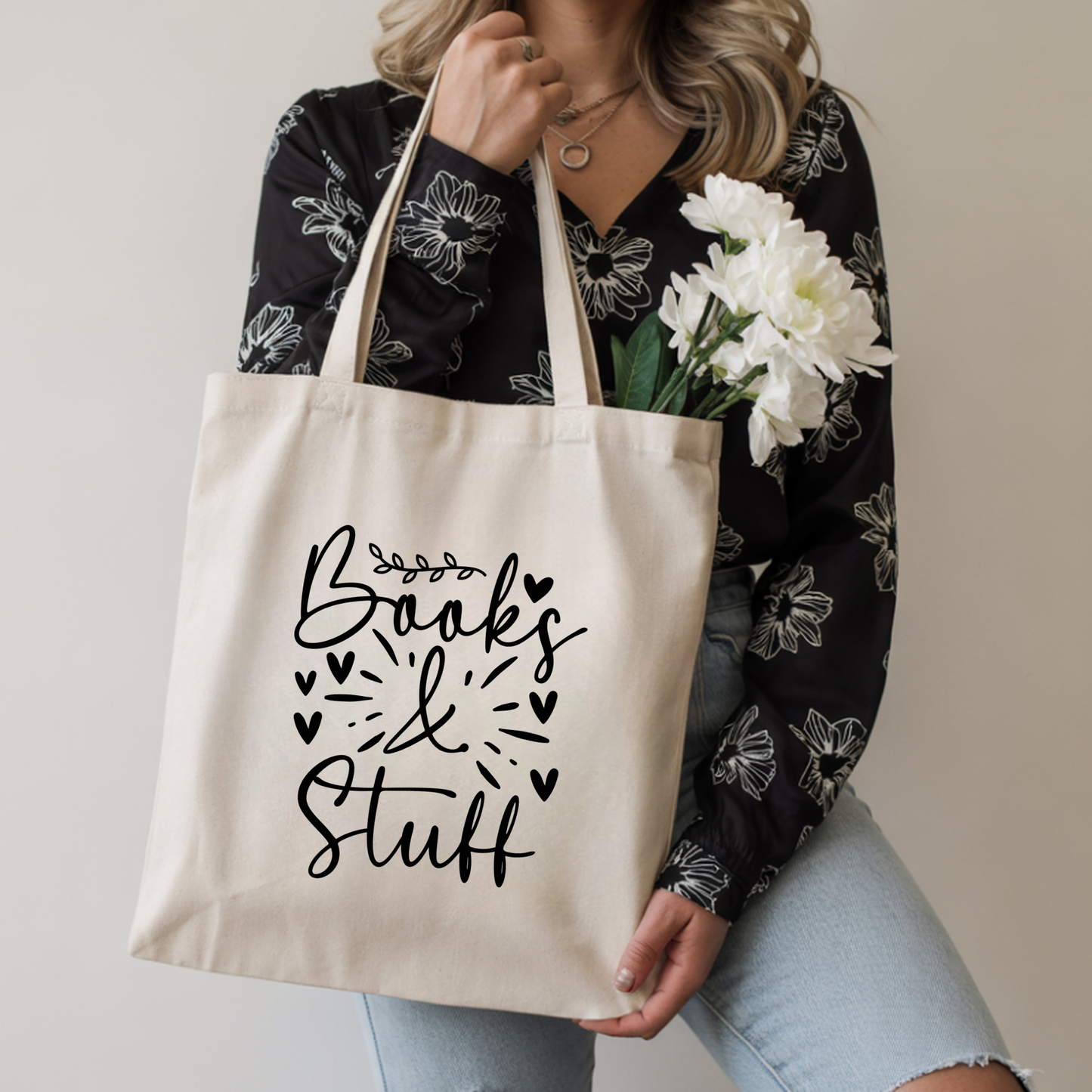 Books & Stuff Tote Bag | Aesthetic Cotton Tote for Book Lovers