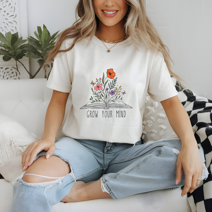 Grow Your Mind Tee | Oversized Floral Book Graphic Shirt for Women