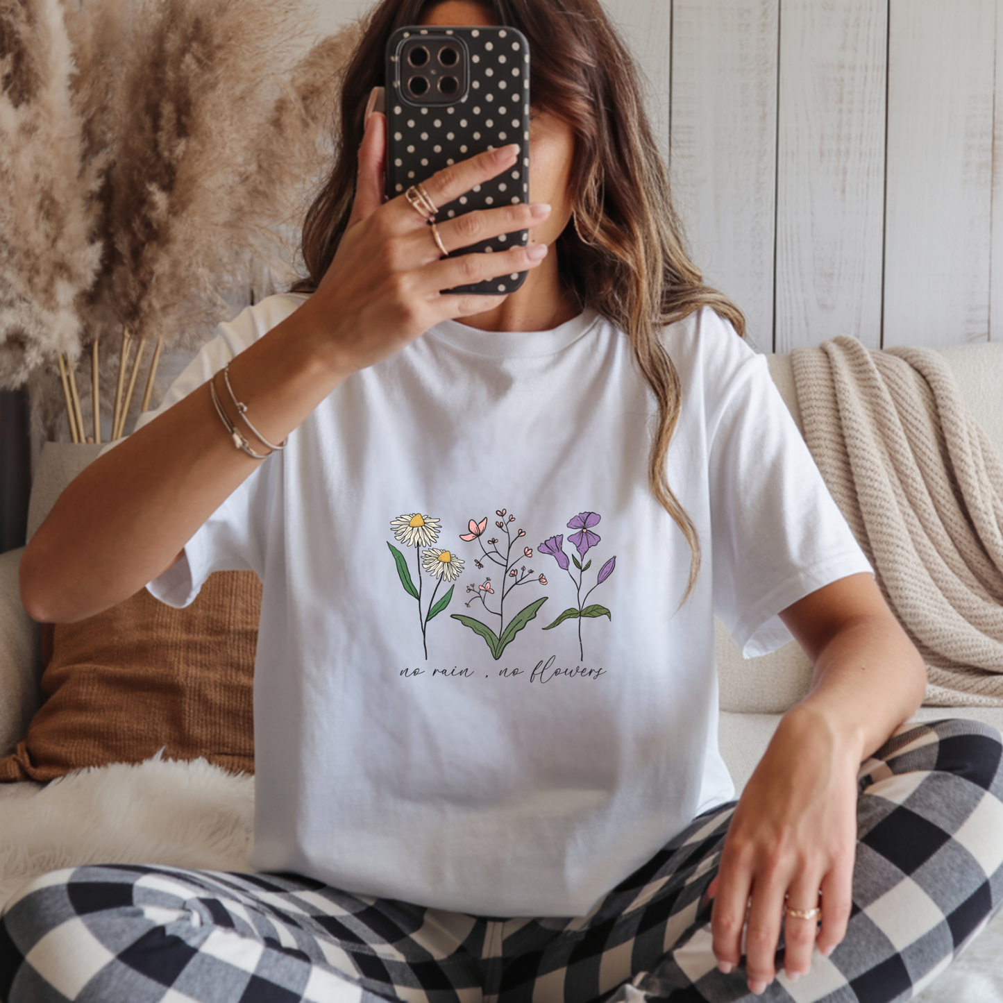 No Rain, No Flowers Tee | Minimal Floral Trio Shirt for Women